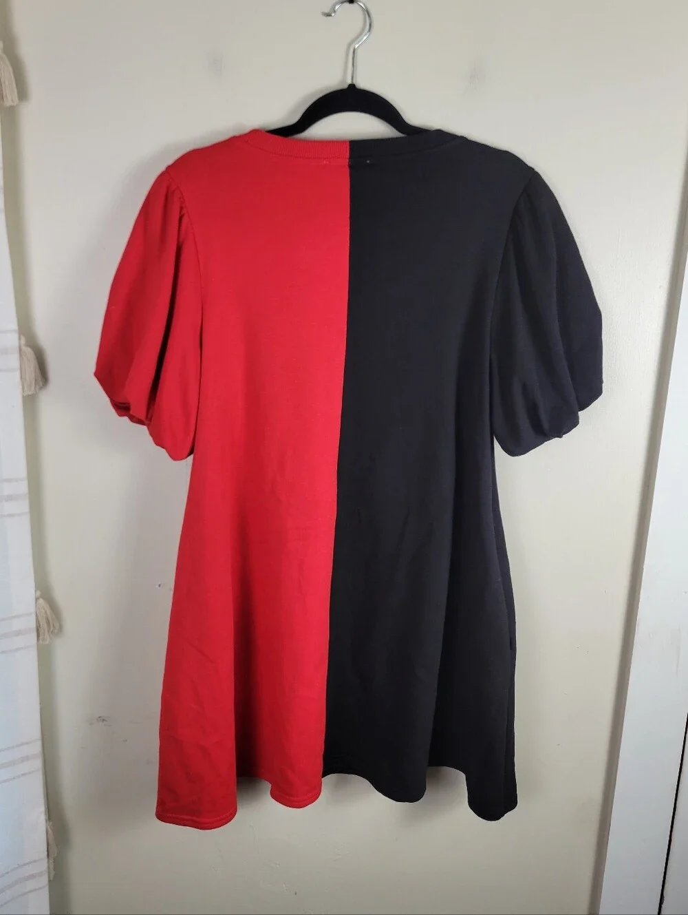 Peach Love Colorblock Red Black Puff Short Sleeve Football Helmet Mini Dress - Picture 6 of 11